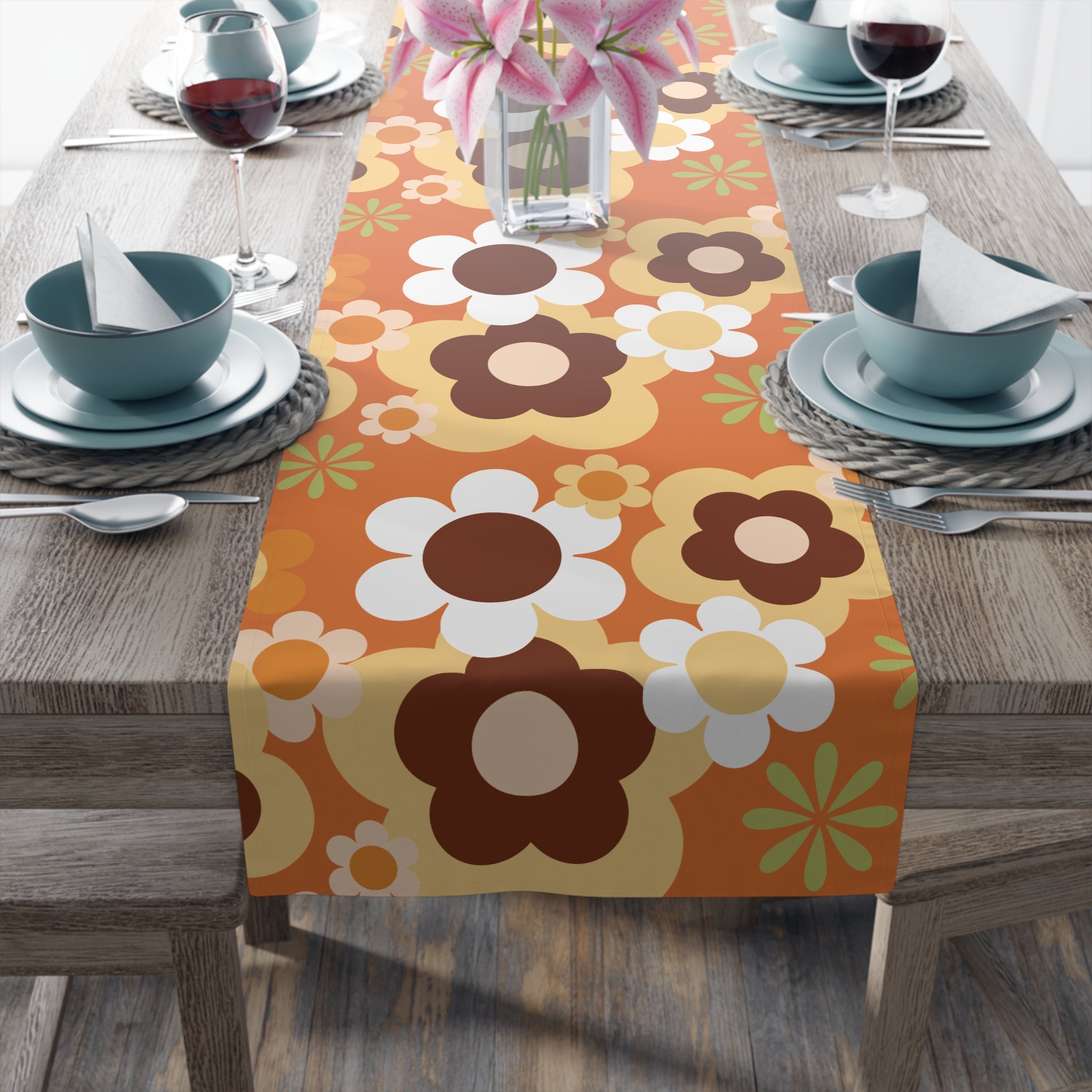 Kate McEnroe New York Groovy Flower Power Retro 70s Table Runner, Mid Century Modern Orange Green Brown Dining AccentTable Runners12617181063660468437