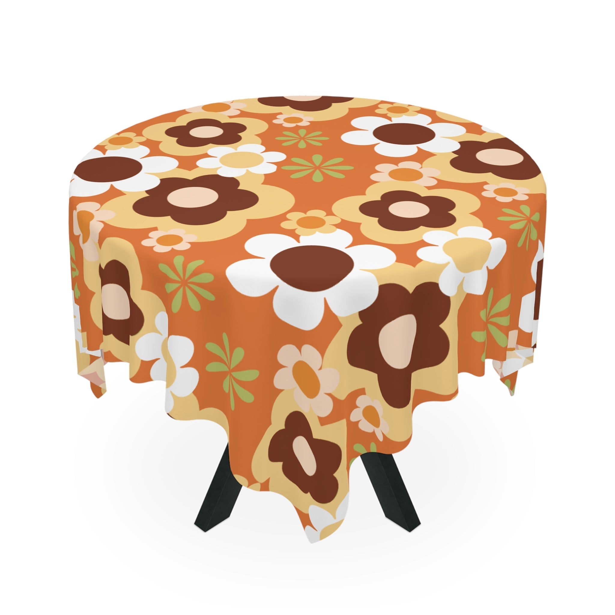 Kate McEnroe New York Groovy Flower Power Retro 70s Tablecloth, Mid Century Modern Orange Green Brown Dining DecorTablecloths27034494063447663189