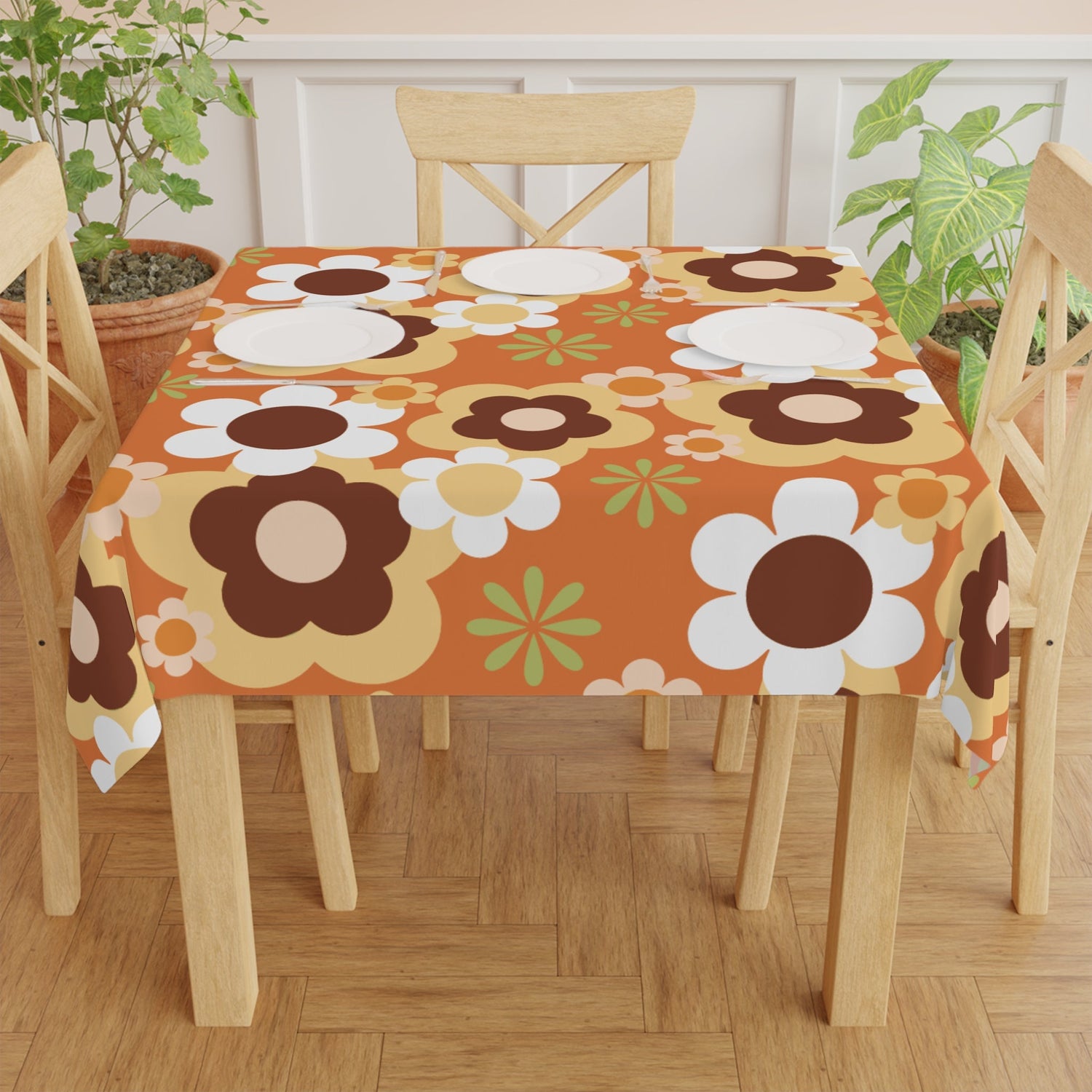 Kate McEnroe New York Groovy Flower Power Retro 70s Tablecloth, Mid Century Modern Orange Green Brown Dining DecorTablecloths27034494063447663189