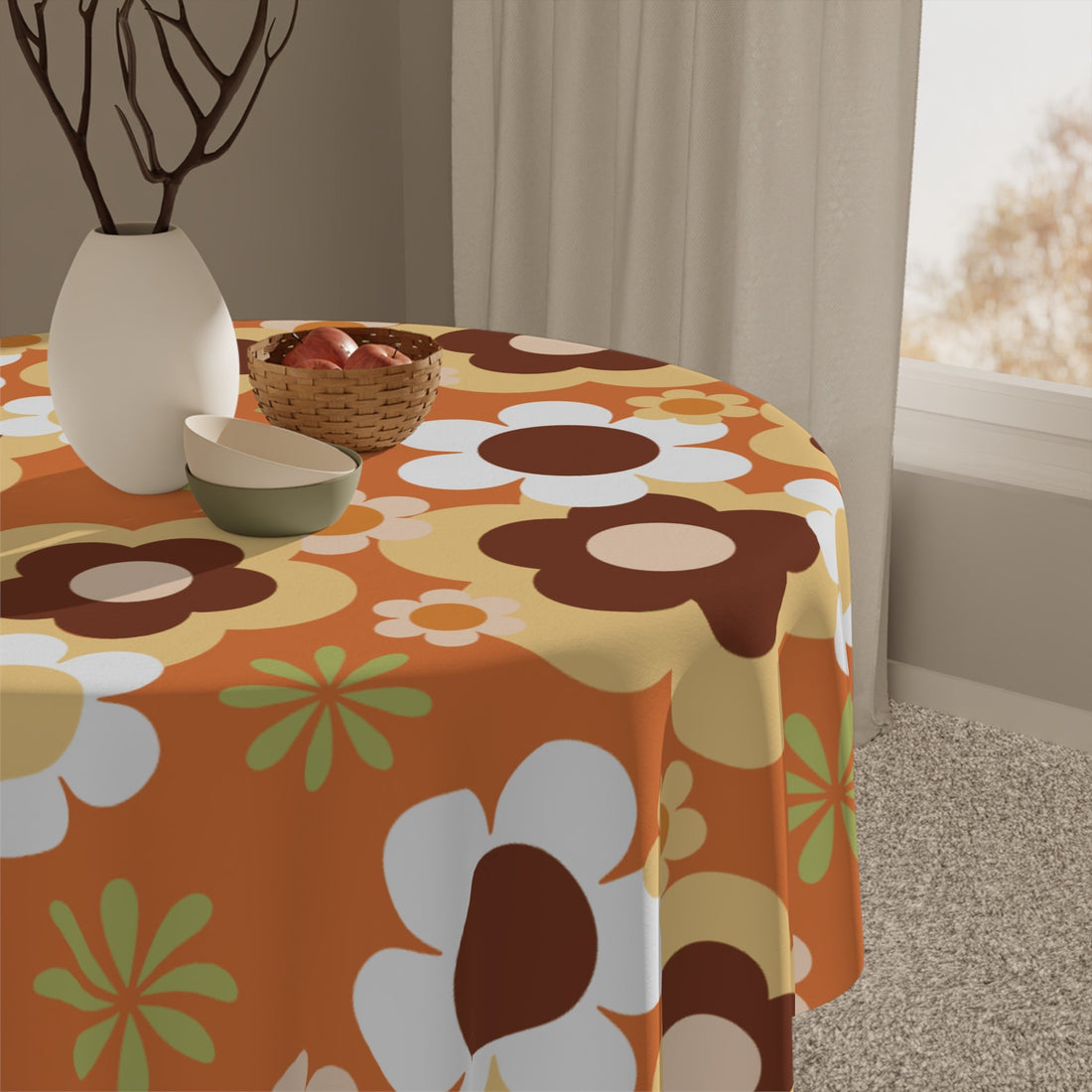Kate McEnroe New York Groovy Flower Power Retro 70s Tablecloth, Mid Century Modern Orange Green Brown Dining DecorTablecloths27034494063447663189