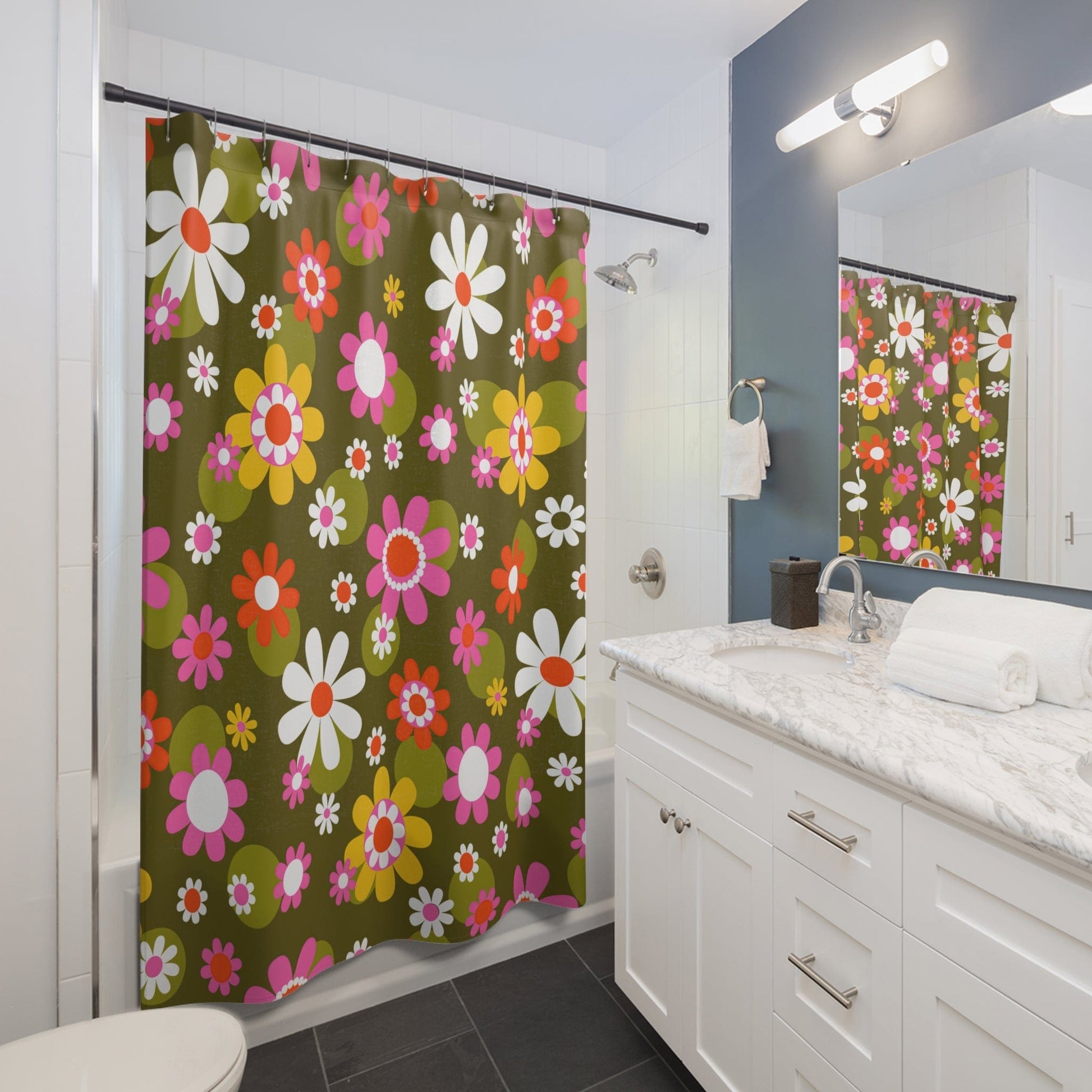 Printify Groovy Hippie Daisy Flower Power Shower Curtain Home Decor 71" × 74" 28036768828493988730