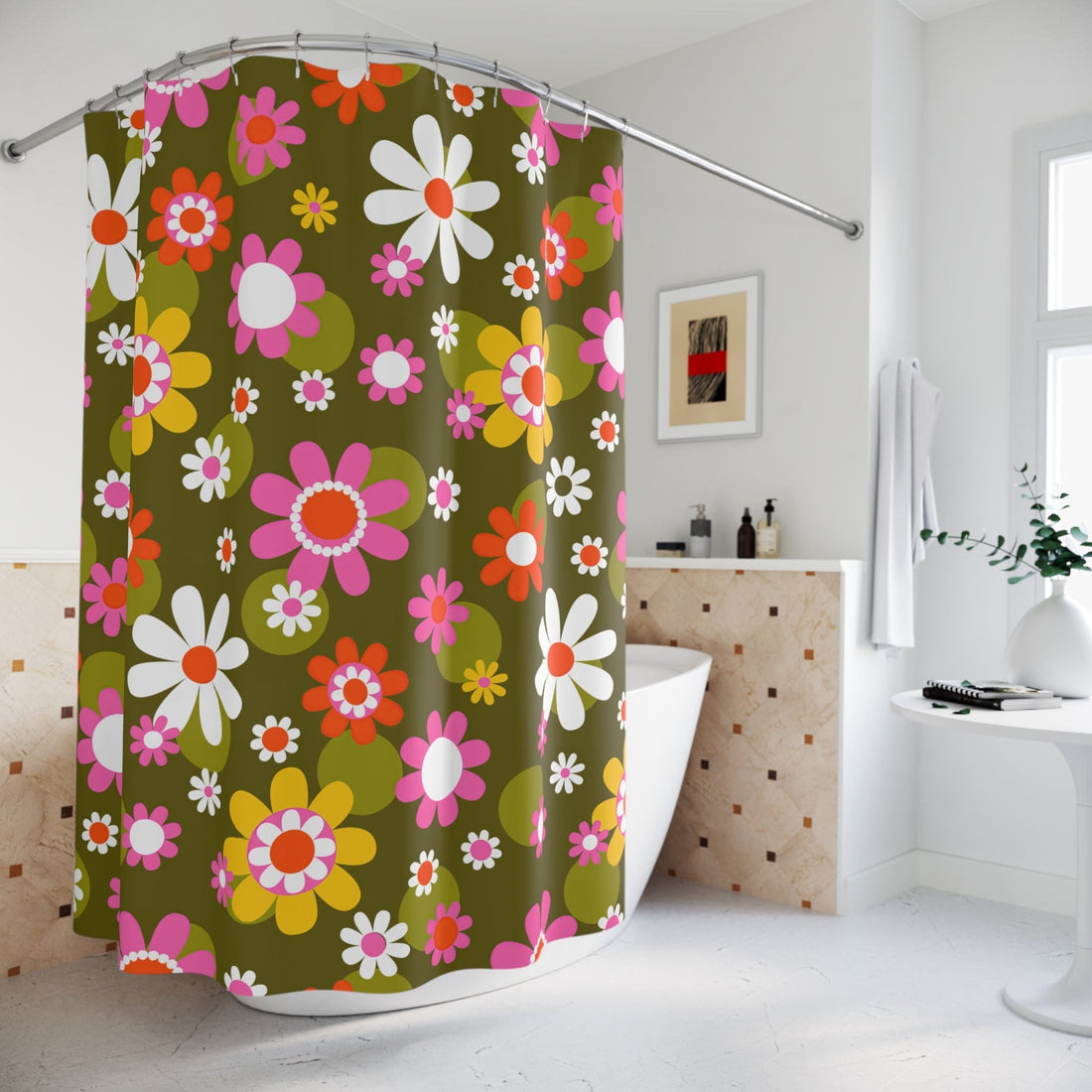 Printify Groovy Hippie Daisy Flower Power Shower Curtain Home Decor 71&quot; × 74&quot; 28036768828493988730