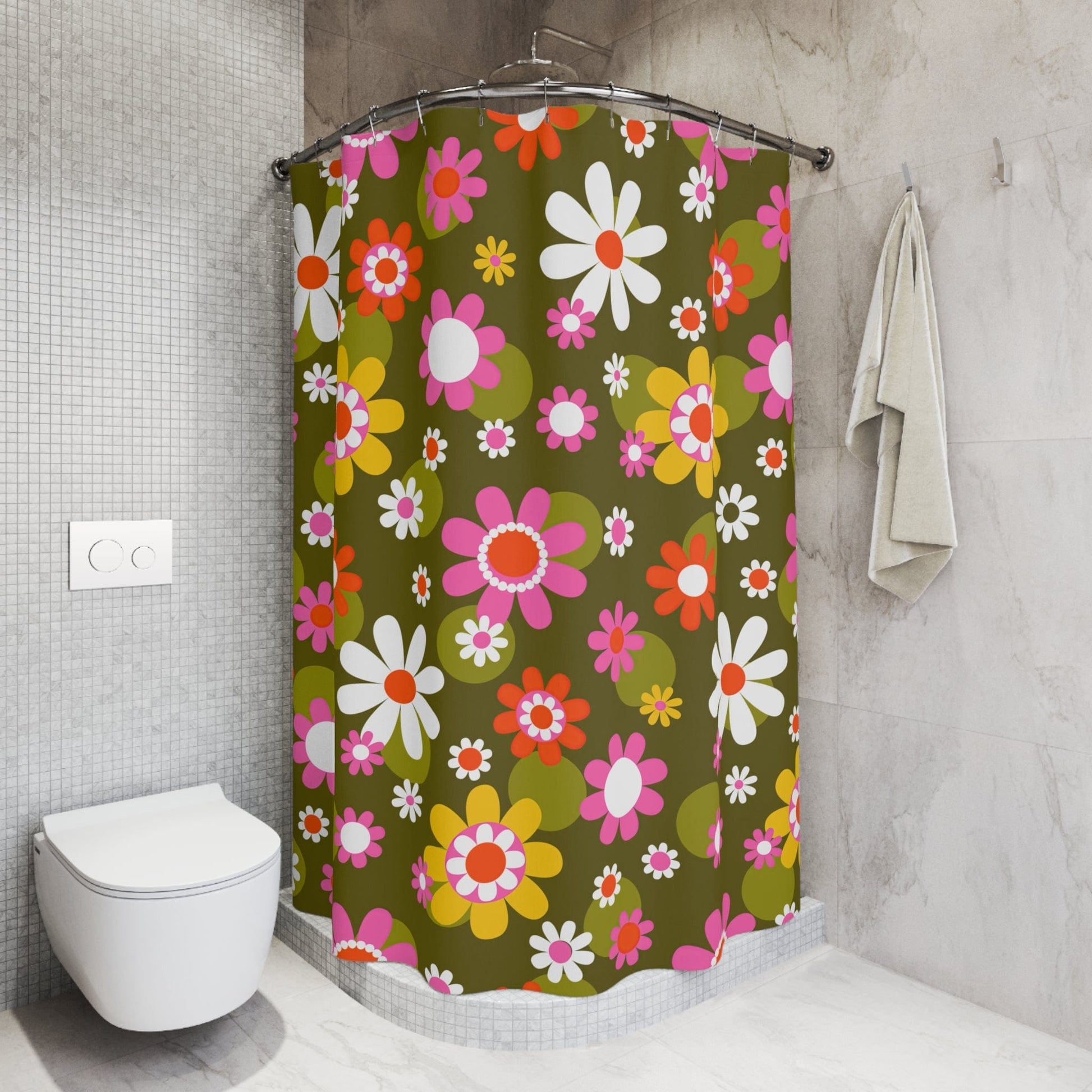Printify Groovy Hippie Daisy Flower Power Shower Curtain Home Decor 71" × 74" 28036768828493988730