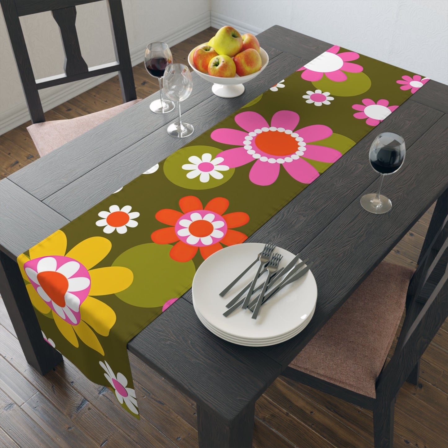 Printify Groovy Hippie Daisy Flower Power Table Runner, Retro Mid Mod Floral Table Linen, Mid Century Dining Table Decor, 70s MCM Wedding Table Decor Home Decor 16" × 72" / Polyester 32336354914223047672