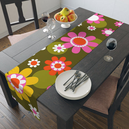 Printify Groovy Hippie Daisy Flower Power Table Runner, Retro Mid Mod Floral Table Linen, Mid Century Dining Table Decor, 70s MCM Wedding Table Decor Home Decor 16&quot; × 72&quot; / Polyester 32336354914223047672