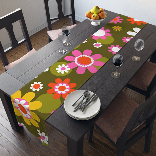 Printify Groovy Hippie Daisy Flower Power Table Runner, Retro Mid Mod Floral Table Linen, Mid Century Dining Table Decor, 70s MCM Wedding Table Decor Home Decor 16" × 90" / Cotton Twill 24631893221137480211