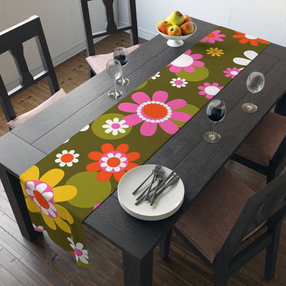 Printify Groovy Hippie Daisy Flower Power Table Runner, Retro Mid Mod Floral Table Linen, Mid Century Dining Table Decor, 70s MCM Wedding Table Decor Home Decor 16" × 90" / Polyester 41659777580369915600