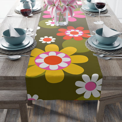Printify Groovy Hippie Daisy Flower Power Table Runner, Retro Mid Mod Floral Table Linen, Mid Century Dining Table Decor, 70s MCM Wedding Table Decor Home Decor