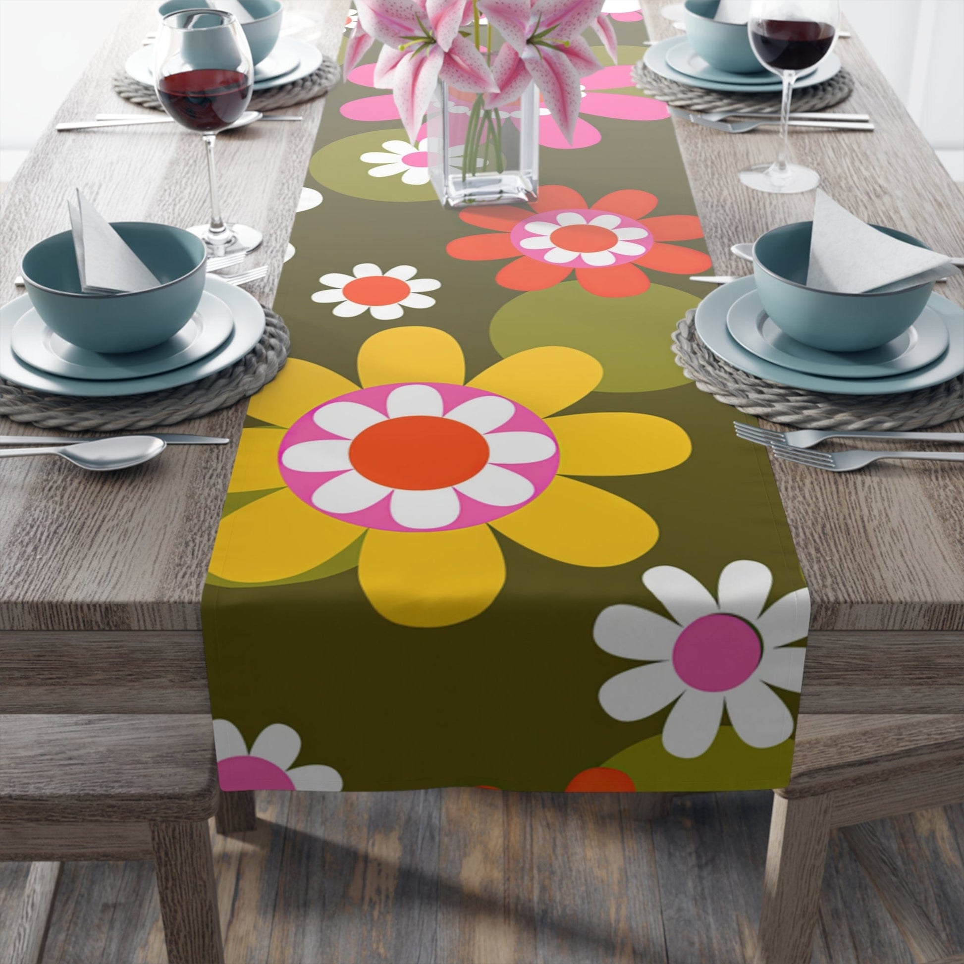 Printify Groovy Hippie Daisy Flower Power Table Runner, Retro Mid Mod Floral Table Linen, Mid Century Dining Table Decor, 70s MCM Wedding Table Decor Home Decor
