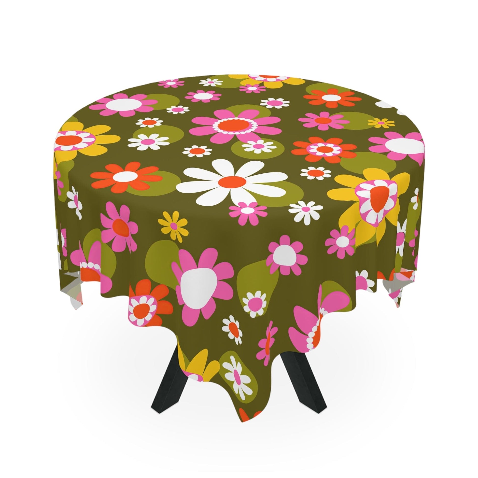 Printify Groovy Hippie Daisy Flower Power Tablecloth, Retro Mid Mod Floral Table Linen, Mid Century Dining Table Decor Home Decor One size / White 16165494938854854770