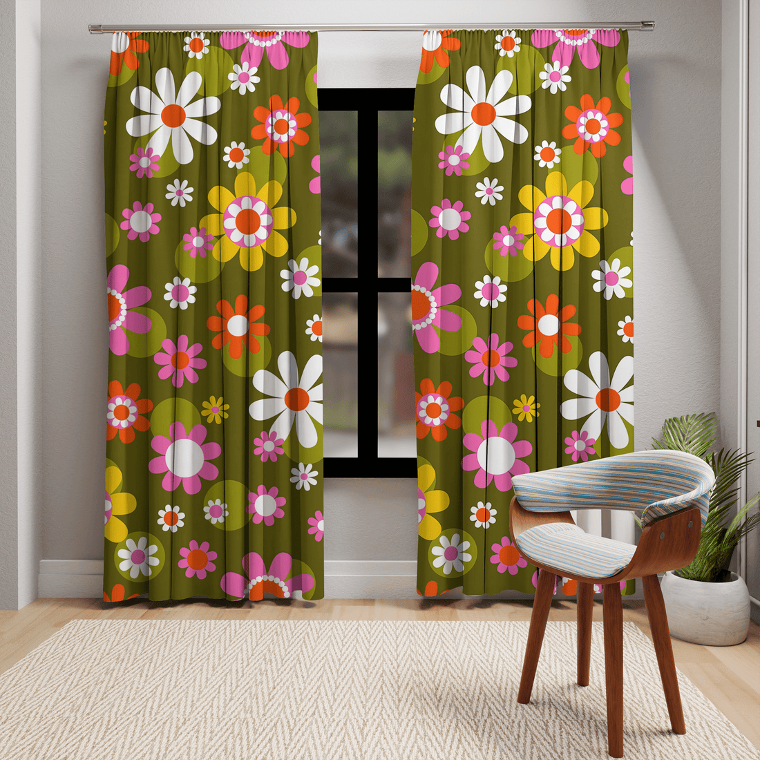 Kate McEnroe New York Groovy Hippie Daisy Flower Power Window Curtains, Retro Mid Mod Floral Curtain Panels, 70s MCM Living Room, Bedroom Window Decor Window Curtains Blackout / 50&quot; × 84&quot; 17769961374204150420