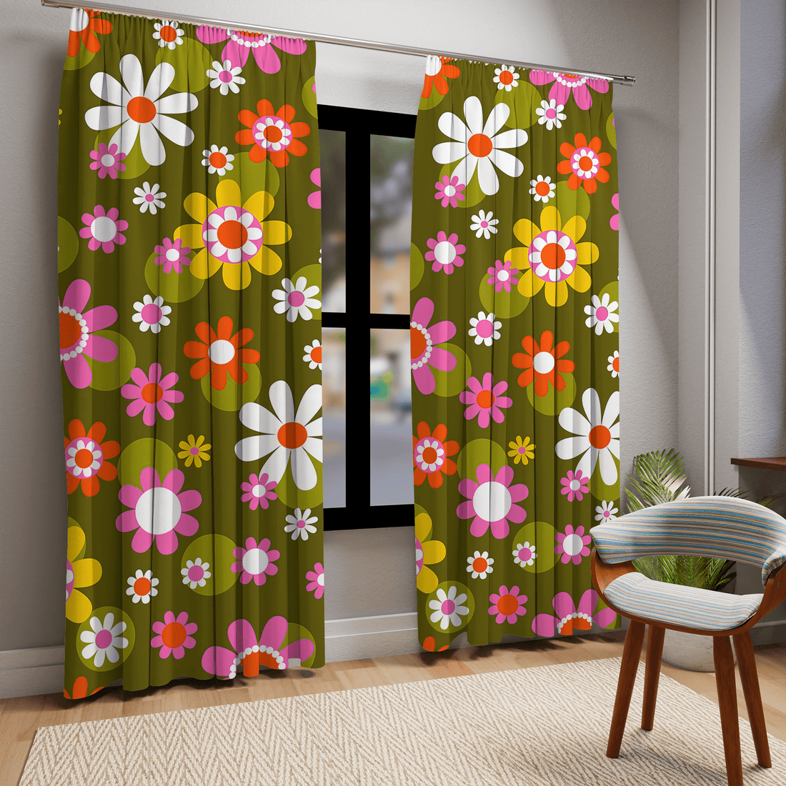 Kate McEnroe New York Groovy Hippie Daisy Flower Power Window Curtains, Retro Mid Mod Floral Curtain Panels, 70s MCM Living Room, Bedroom Window Decor Window Curtains Blackout / 50&quot; × 84&quot; 17769961374204150420