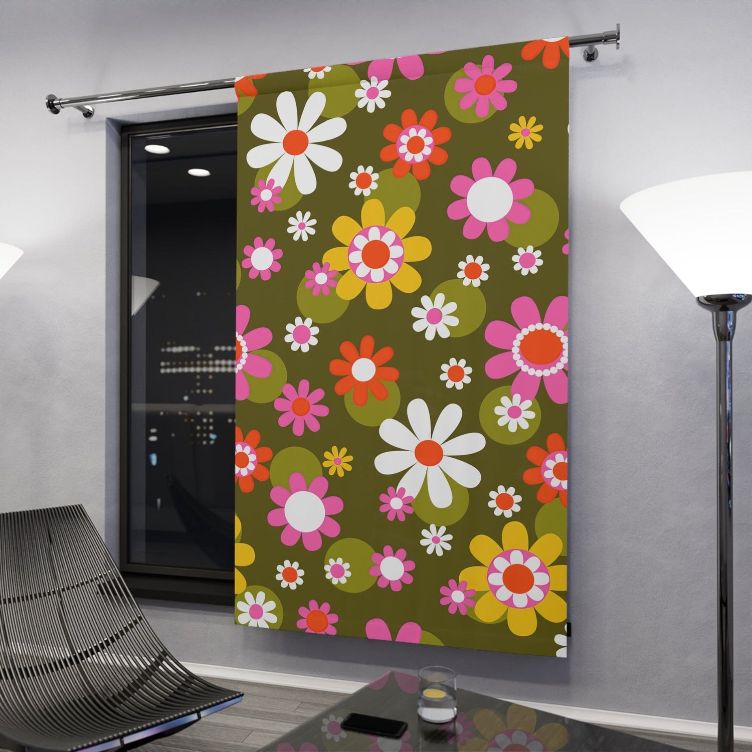 Kate McEnroe New York Groovy Hippie Daisy Flower Power Window Curtains, Retro Mid Mod Floral Curtain Panels, 70s MCM Living Room, Bedroom Window DecorWindow Curtains17769961374204150420