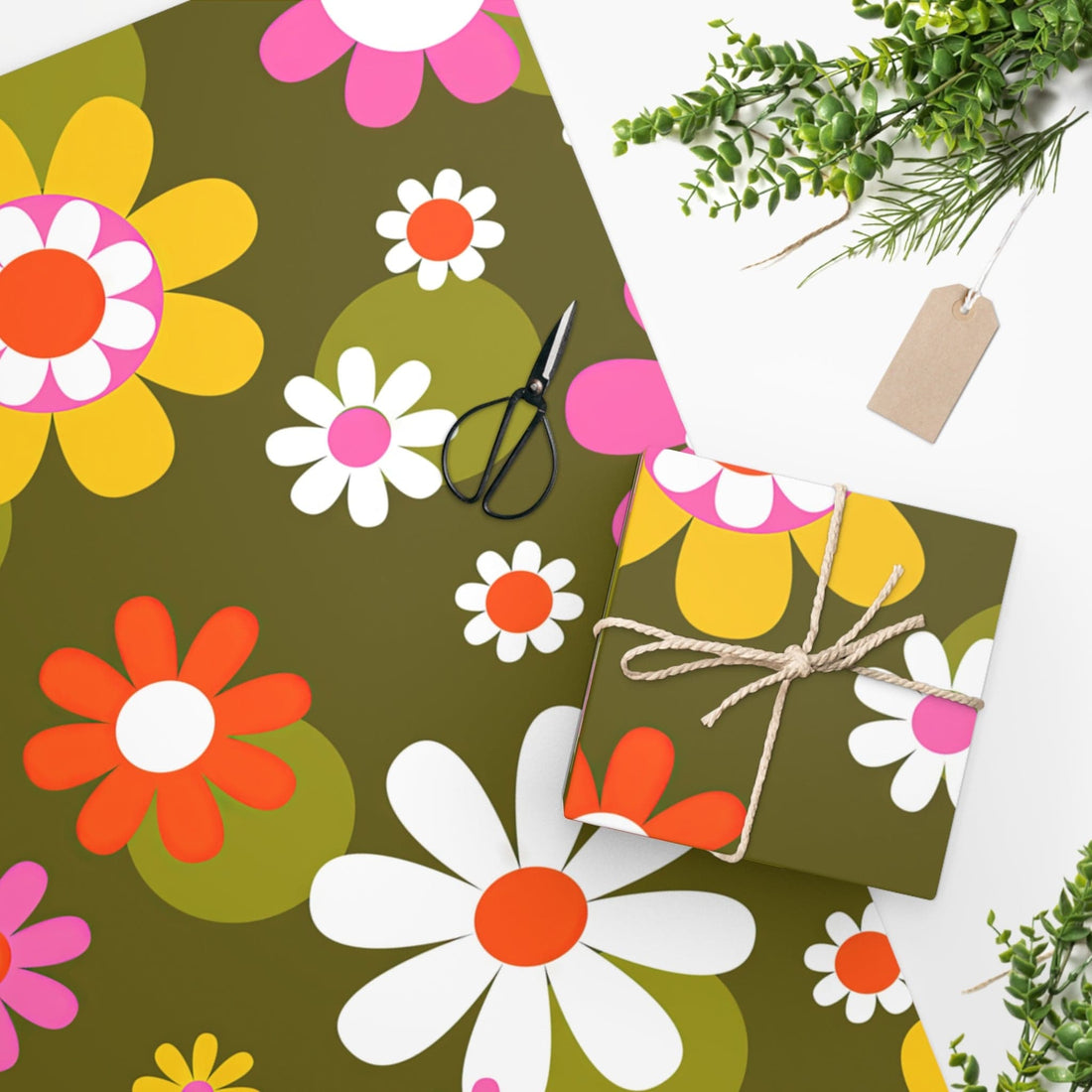 Printify Groovy Hippie Daisy Flower Power Wrapping Paper, Mid Century Modern Retro Gift Wrap Home Decor 24&quot; × 36&quot; 26010754124761524967