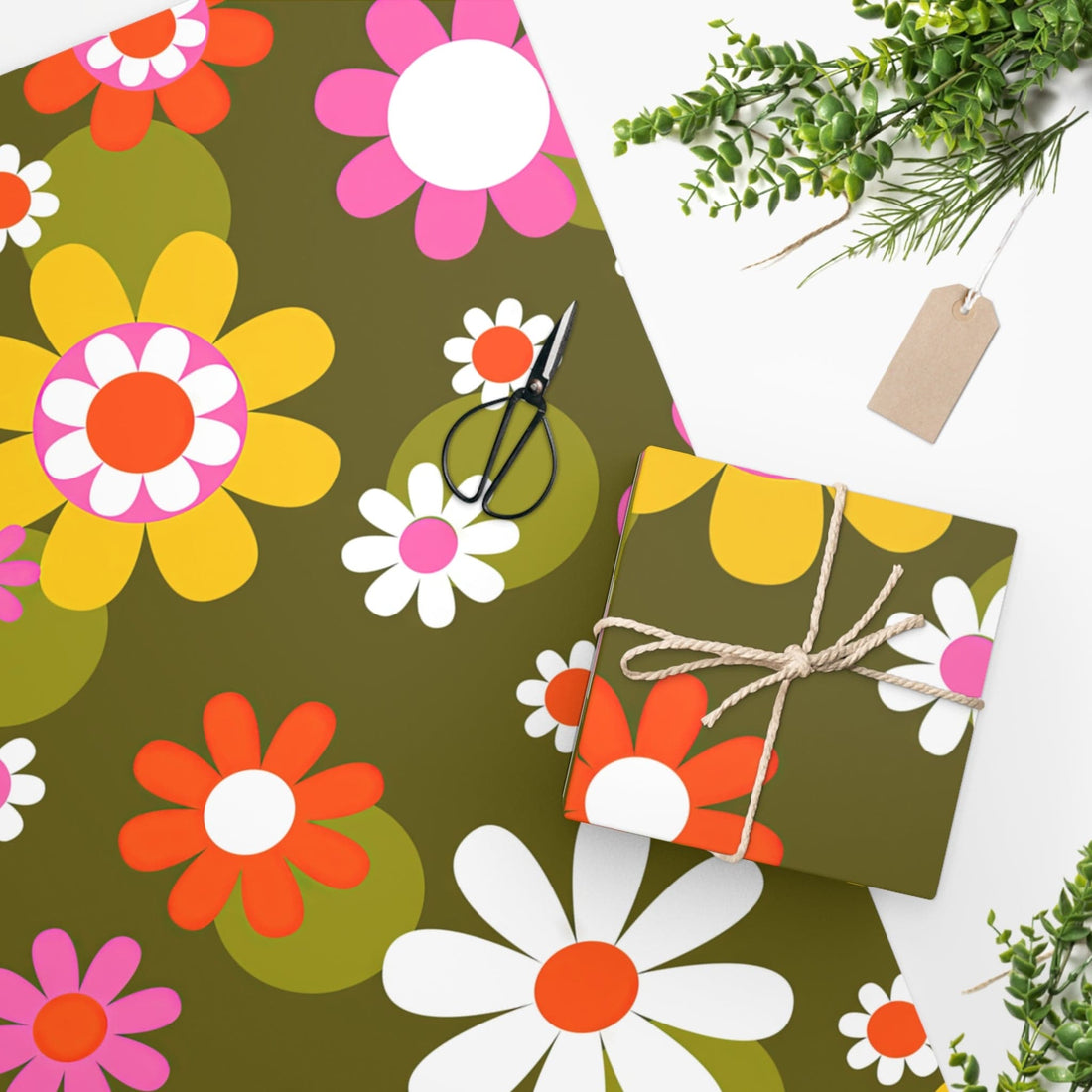 Printify Groovy Hippie Daisy Flower Power Wrapping Paper, Mid Century Modern Retro Gift Wrap Home Decor 24&quot; × 60&quot; 11859082243321882187