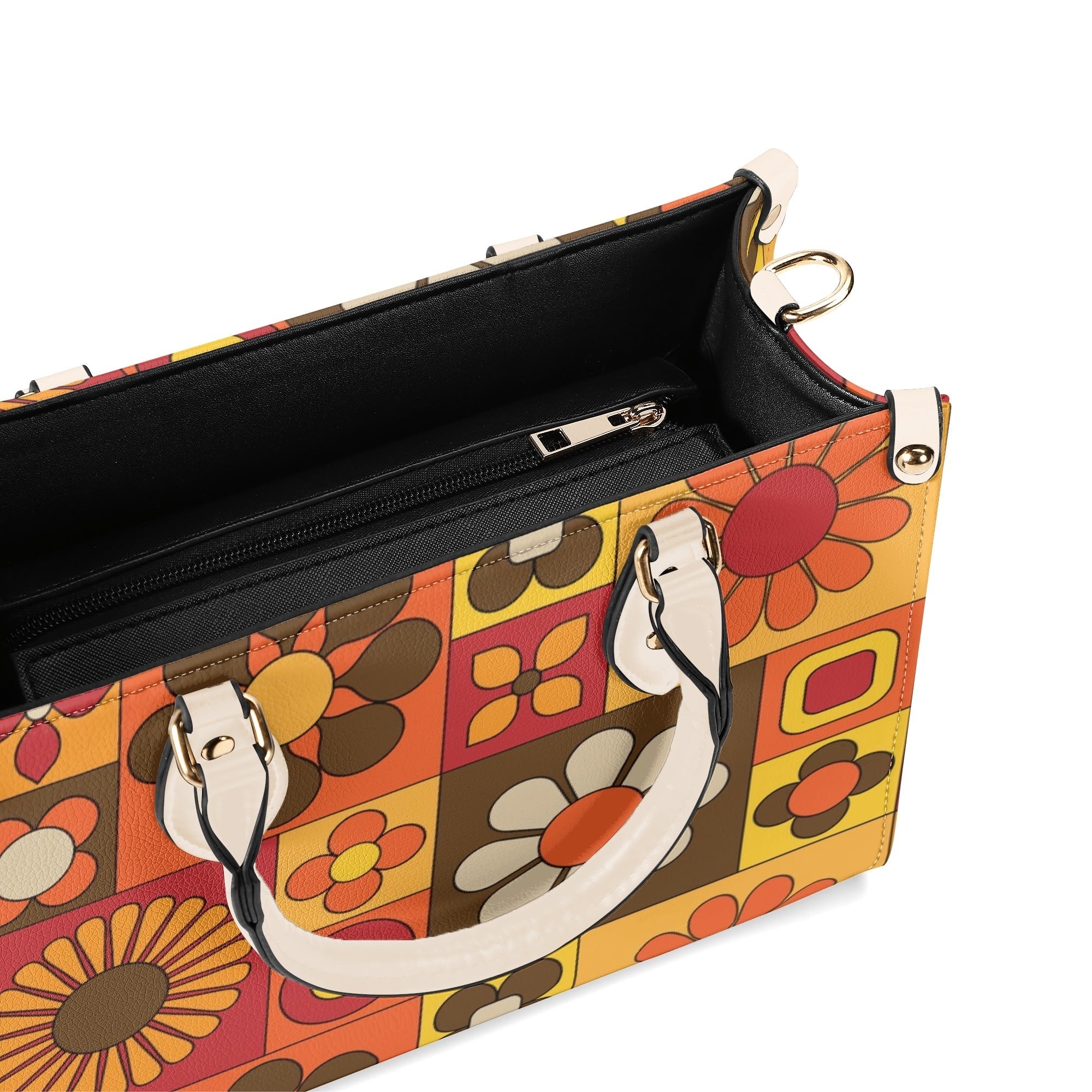 Kate McEnroe New York Groovy Hippie Mod Daisy Block Satchel, 60s Mid Century Modern Retro Floral Handbag Orange Yellow BrownHandbagsW39XQE1W - 1