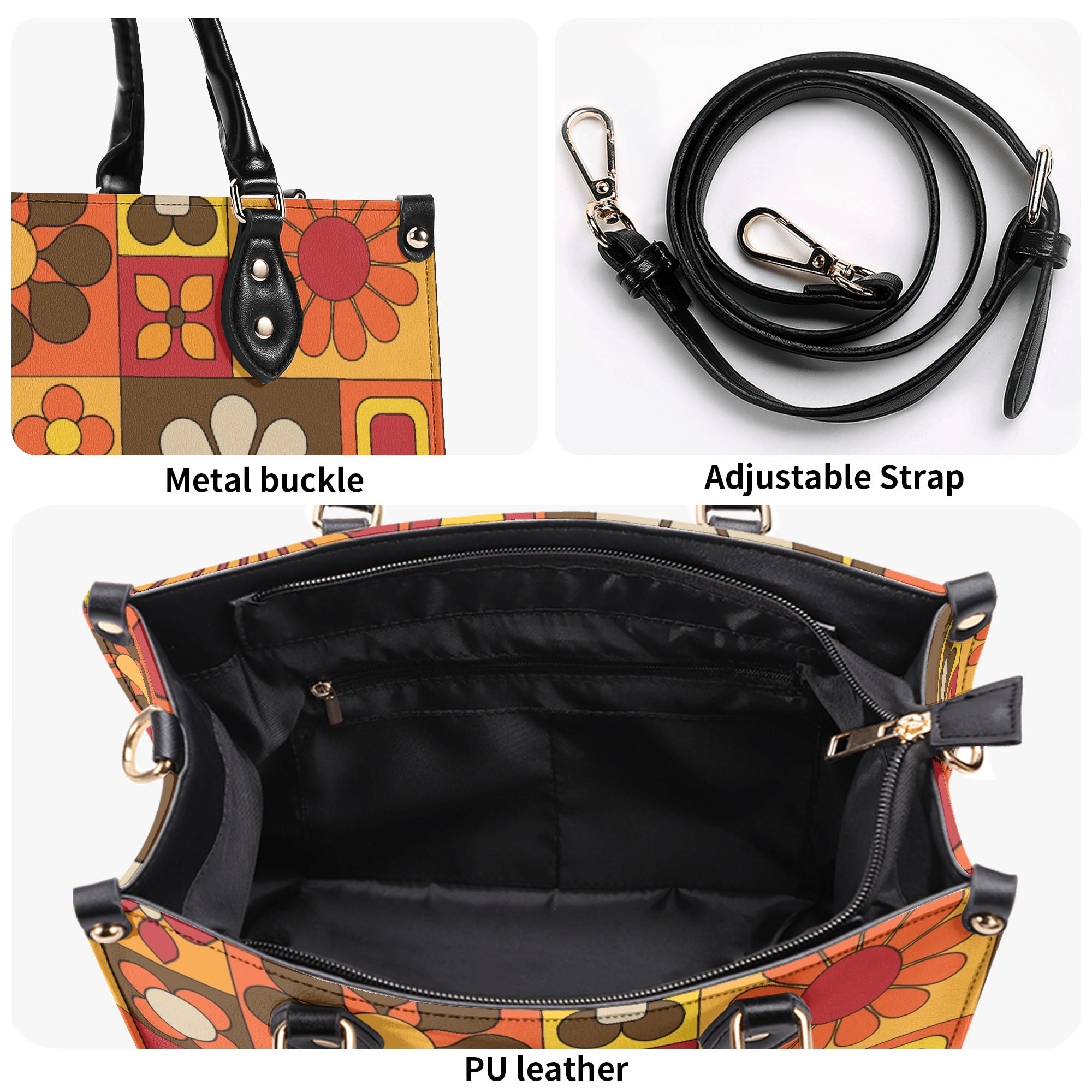 Kate McEnroe New York Groovy Hippie Mod Daisy Block Satchel, 60s Mid Century Modern Retro Floral Handbag Orange Yellow BrownHandbagsW39XQE1W - 1