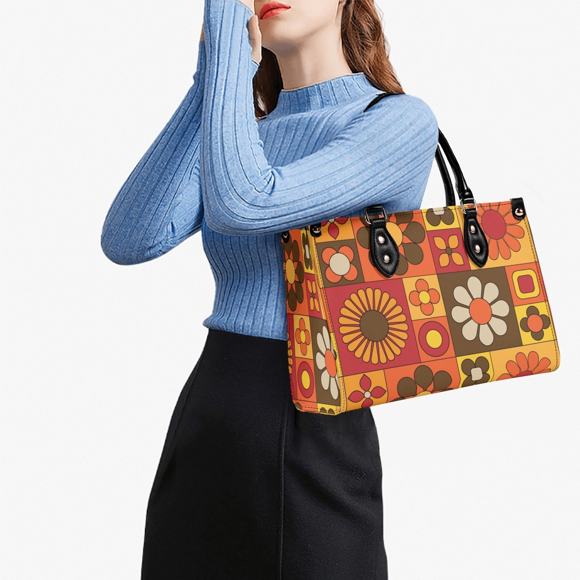 Kate McEnroe New York Groovy Hippie Mod Daisy Block Satchel, 60s Mid Century Modern Retro Floral Handbag Orange Yellow BrownHandbagsW39XQE1W - 1