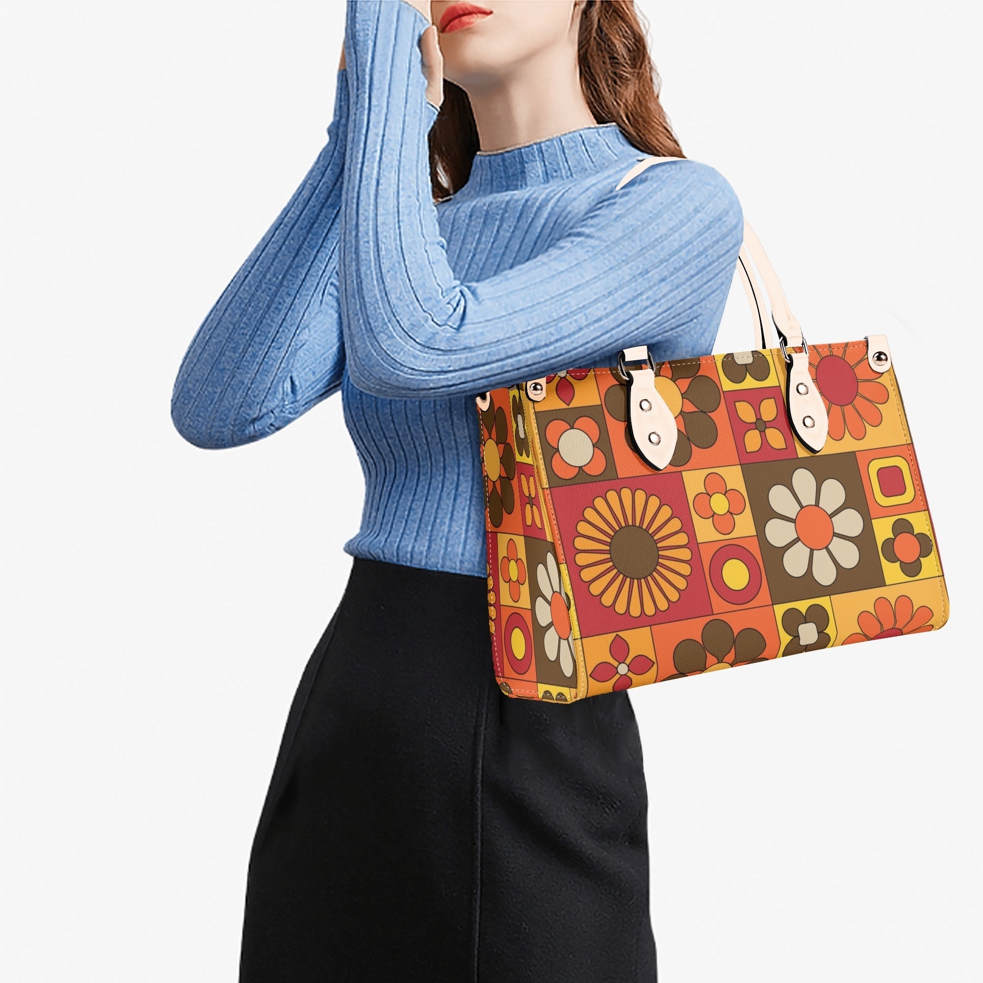 Kate McEnroe New York Groovy Hippie Mod Daisy Block Satchel, 60s Mid Century Modern Retro Floral Handbag Orange Yellow BrownHandbagsW39XQE1W - 1