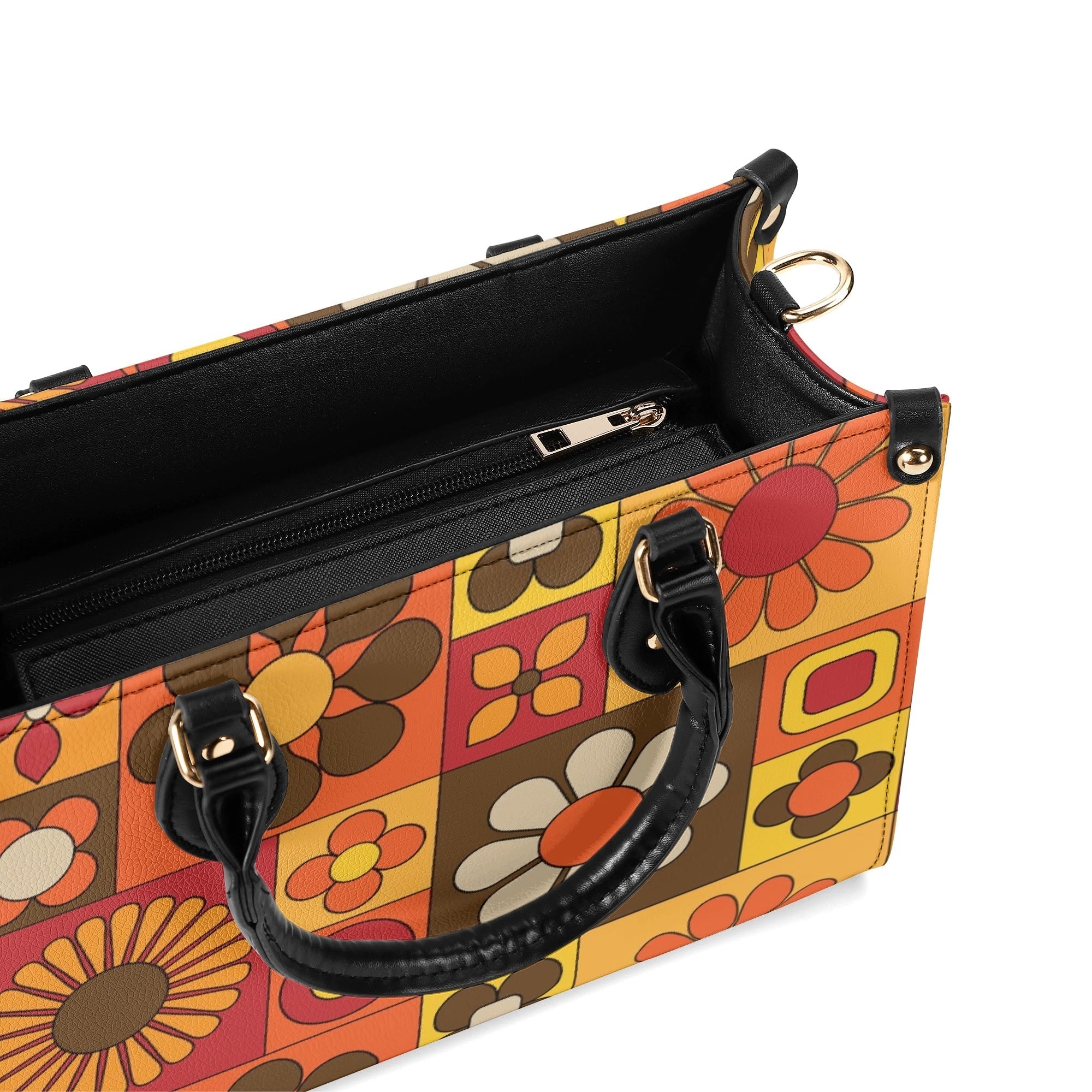 Kate McEnroe New York Groovy Hippie Mod Daisy Block Satchel, 60s Mid Century Modern Retro Floral Handbag Orange Yellow BrownHandbagsW39XQE1W - 1