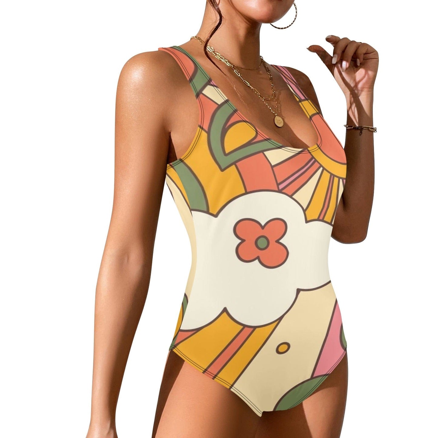 interestprint Groovy Hippie Retro 70s Sunshine Low Back One Piece Swimsuit One-Piece Suits