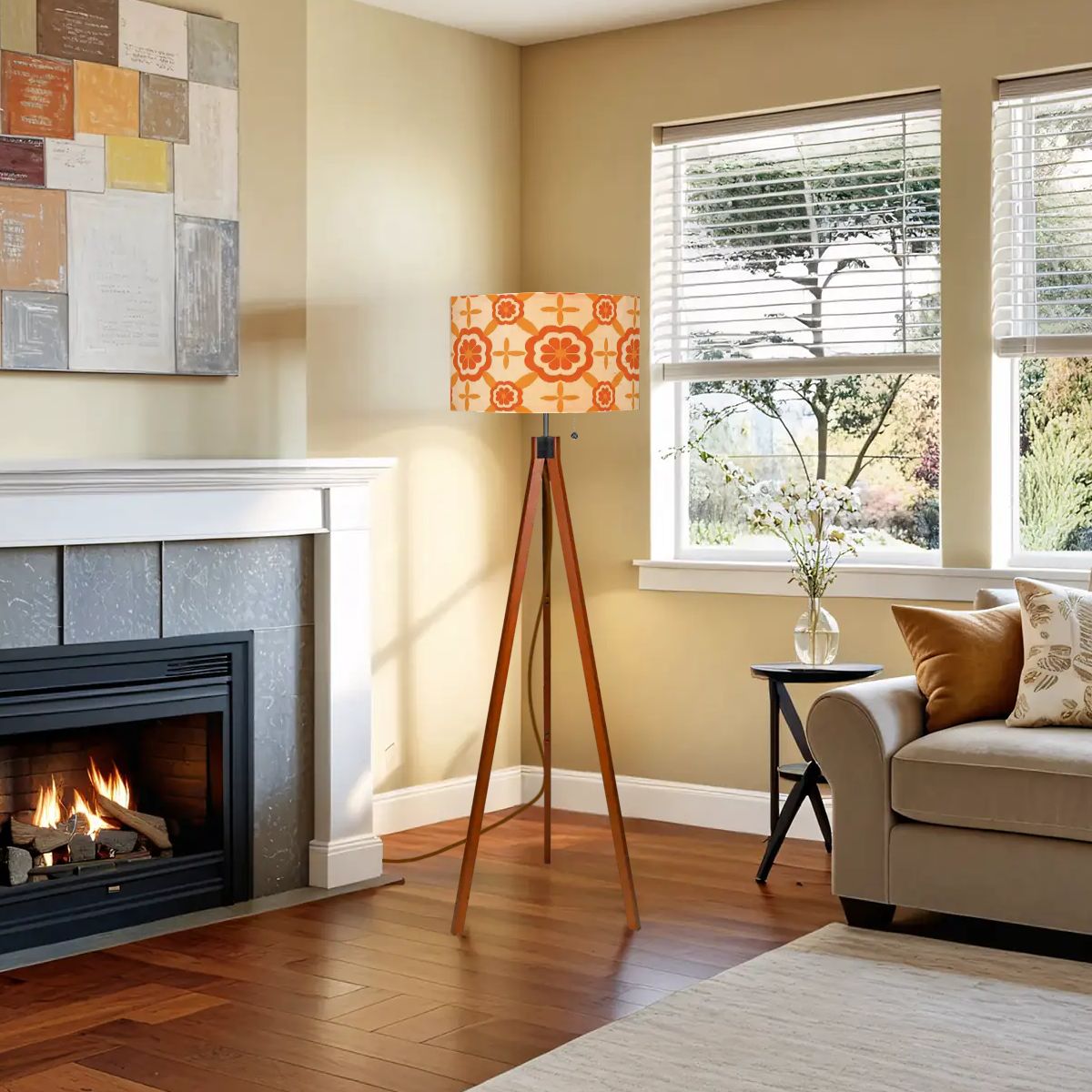 Kate McEnroe New York Groovy Mid Mod Floral Tripod Floor Lamp, Retro 70s Flower Power Drum Shade LightTripod Floor Lampsrhr1aI9eVe