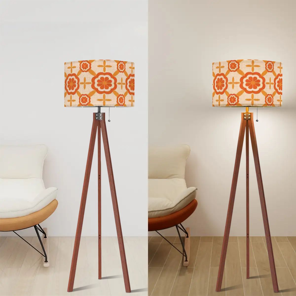 Kate McEnroe New York Groovy Mid Mod Floral Tripod Floor Lamp, Retro 70s Flower Power Drum Shade LightTripod Floor Lampsrhr1aI9eVe