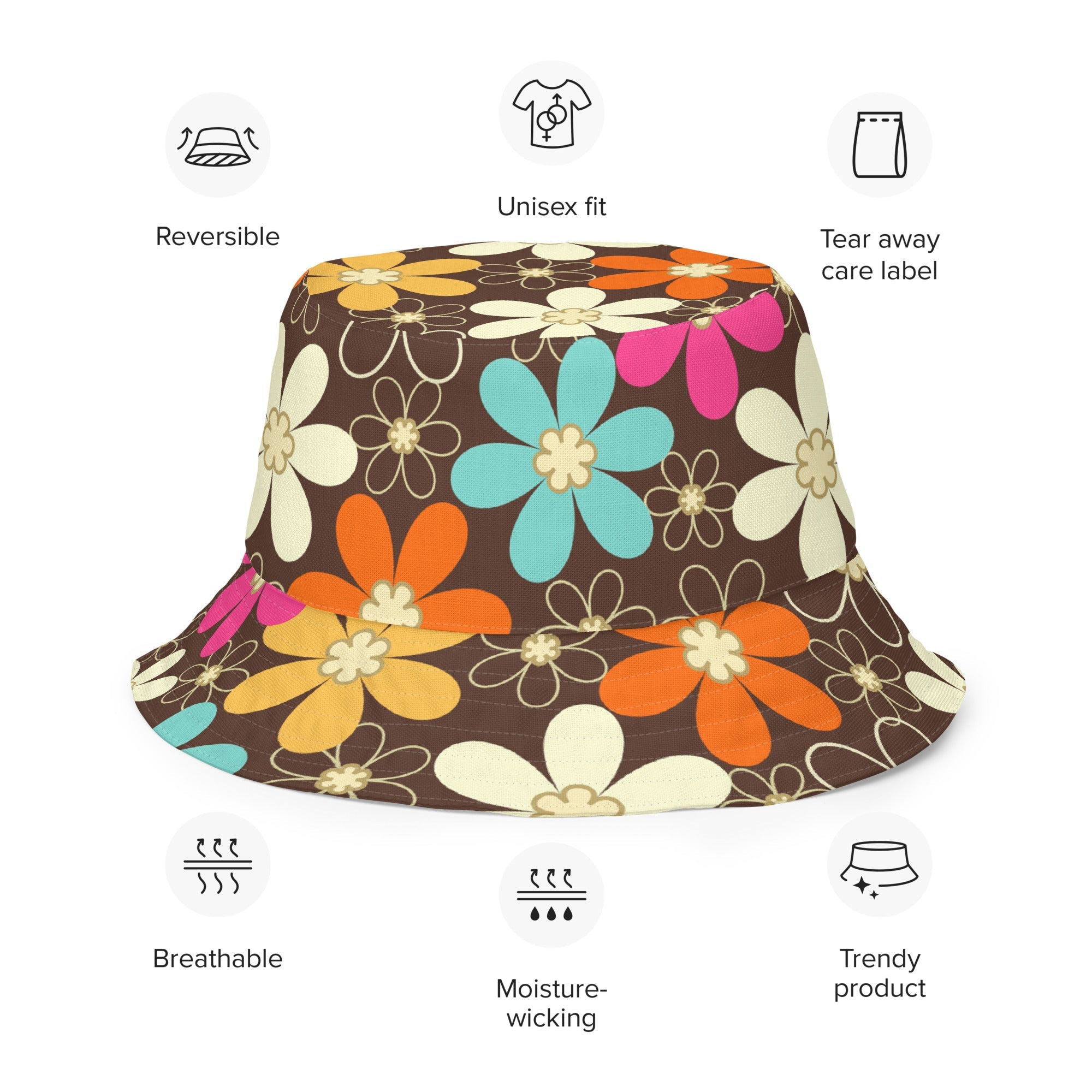 Kate McEnroe New York Groovy Mod Flower Reversible Bucket Hat, Retro 60s MCM Hippie StyleHats8041242_19255