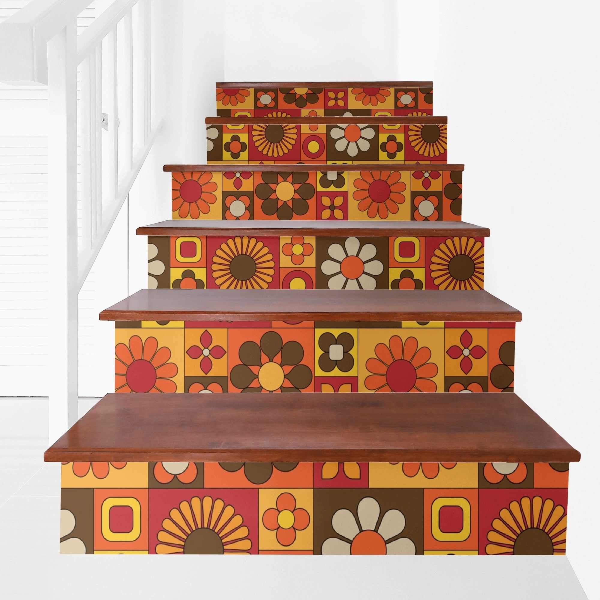 Kate McEnroe New York Groovy Mod Stair Riser Decals, 70s Mid Century Modern Flower Art Vinyl, Retro MCM Peel Stick Steps DecorStair RisersWJ2VJMDW - 1