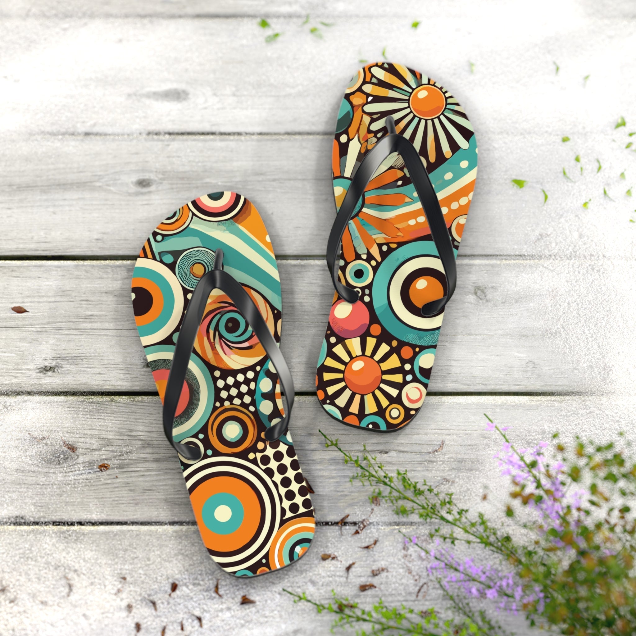 Kate McEnroe New York Groovy Orbs 70s Flip Flops, Retro Psychedelic Beach SandalsFlip Flops21066839245996354486