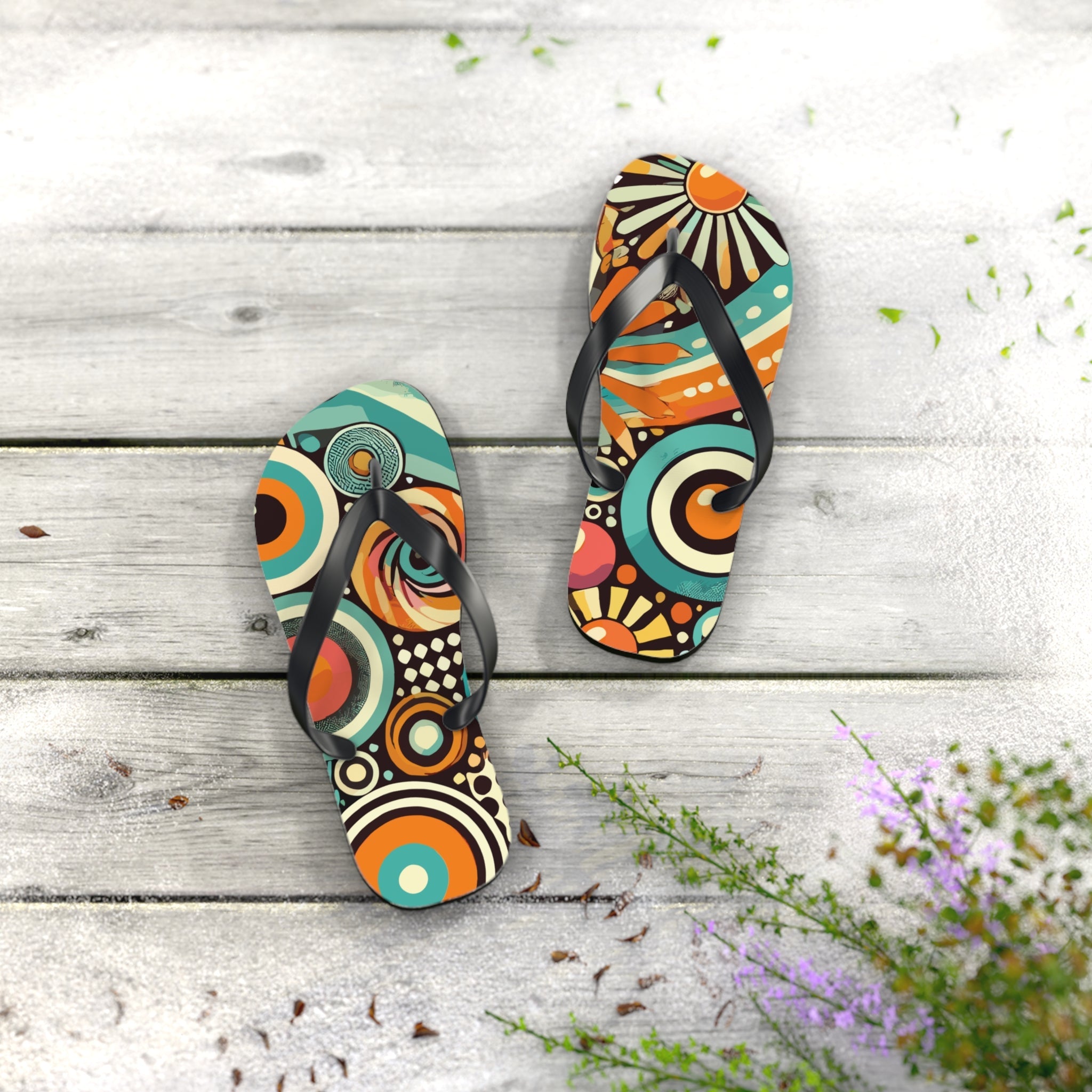 Kate McEnroe New York Groovy Orbs 70s Flip Flops, Retro Psychedelic Beach SandalsFlip Flops98737587492063124339