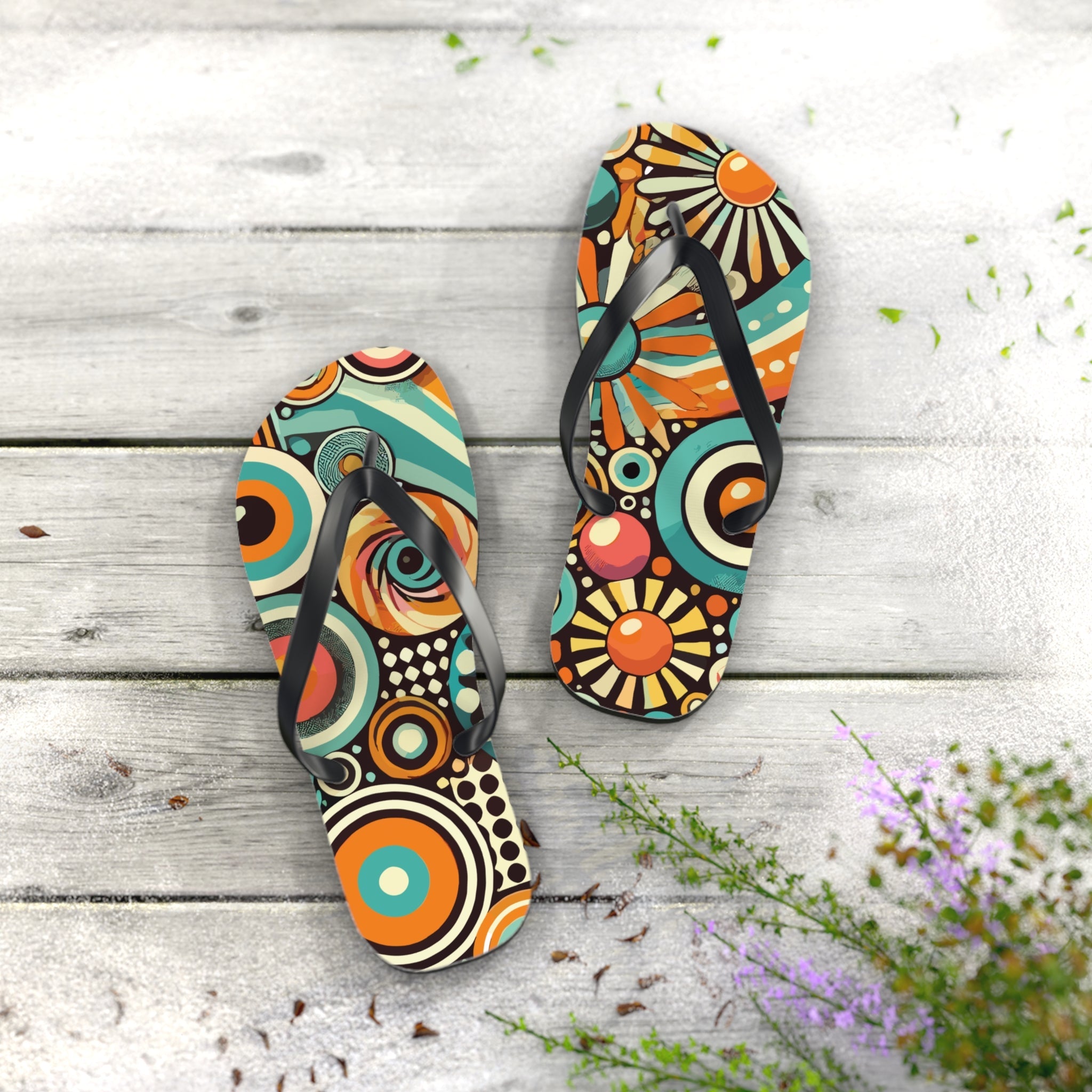 Kate McEnroe New York Groovy Orbs 70s Flip Flops, Retro Psychedelic Beach SandalsFlip Flops98737587492063124339