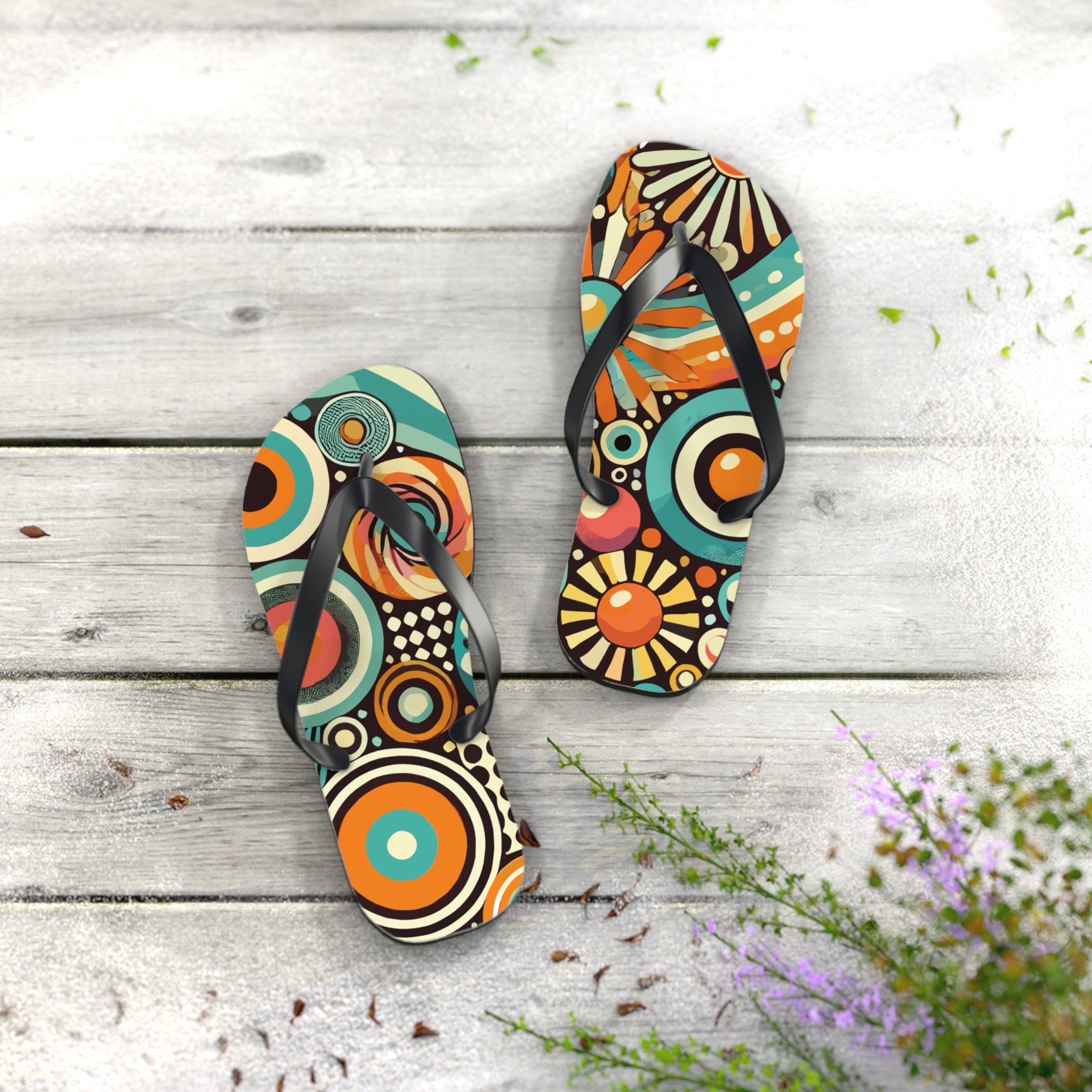 Kate McEnroe New York Groovy Orbs 70s Flip Flops, Retro Psychedelic Beach SandalsFlip Flops98737587492063124339