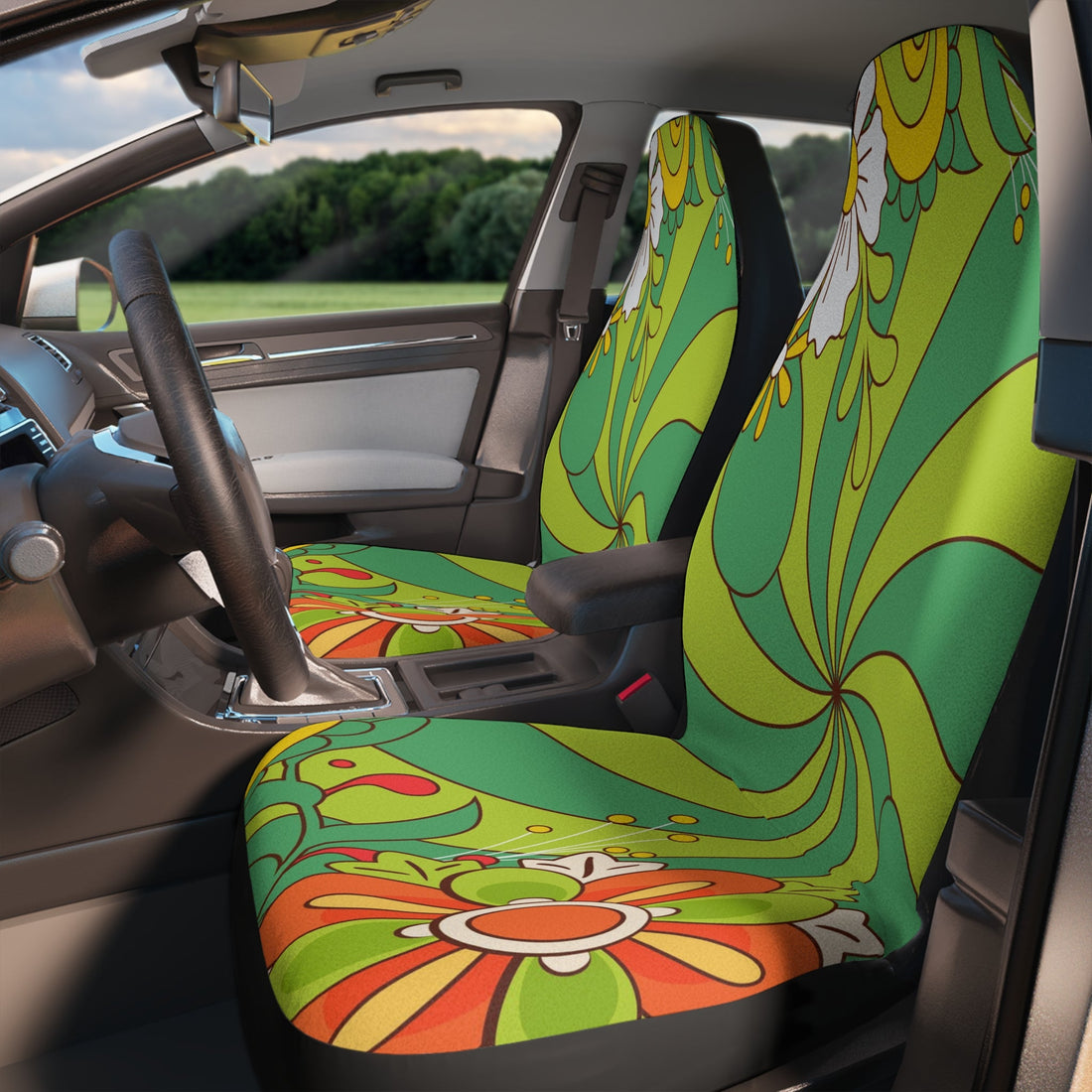 Kate McEnroe New York Groovy Psychedelic Flower Power Car Seat Covers, Retro Mid Century Modern, Neon Green Floral 70s Car Seat Protector, Funky Daisy Car DecorCar Seat Covers30399875940804756209