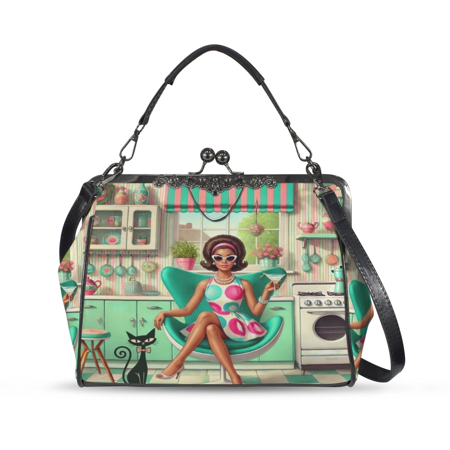 Kate McEnroe New York Groovy Retro 60s Kitsch Mod Girl Atomic Cat Kiss Lock HandbagCrossbody BagsD3379449