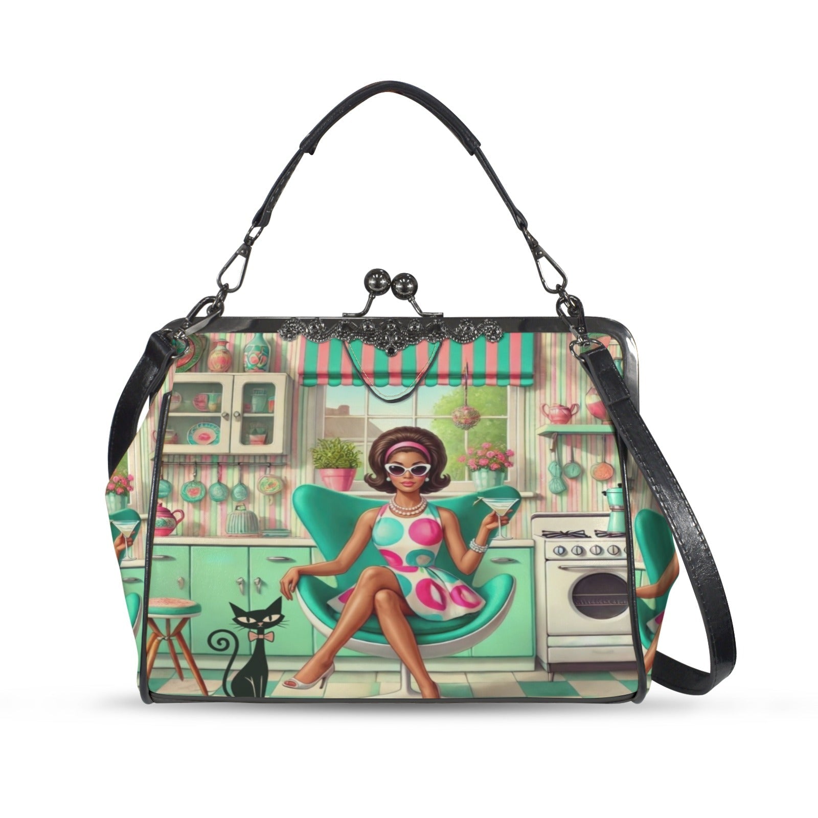 Kate McEnroe New York Groovy Retro 60s Kitsch Mod Girl Atomic Cat Kiss Lock HandbagCrossbody BagsD3379449