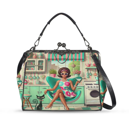 Kate McEnroe New York Groovy Retro 60s Kitsch Mod Girl Atomic Cat Kiss Lock HandbagCrossbody BagsD3379449