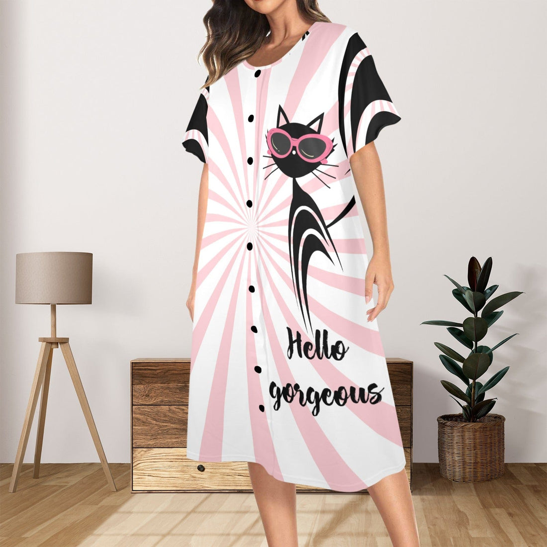interestprint Groovy Atomic Cat &quot;Hello Gorgeous&quot; Mumu Loungewear Pajama Set