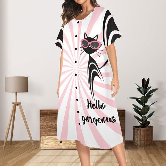 interestprint Groovy Atomic Cat "Hello Gorgeous" Mumu Loungewear Pajama Set