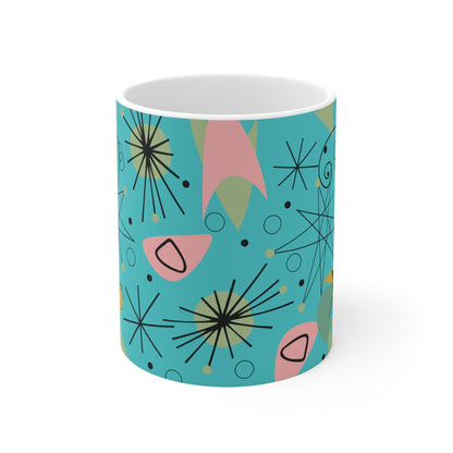 Printify Groovy Retro Atomic Cat Mug - 11oz Mid Century Modern Turquoise, Pink, Lime Geometric Starburst Drinkware Mug 11oz 21831087364189615208