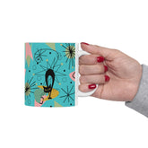 Kate McEnroe New York Groovy Retro Atomic Cat Mug - 11oz Mid Century Modern Turquoise, Pink, Lime Geometric Starburst DrinkwareMugs21831087364189615208