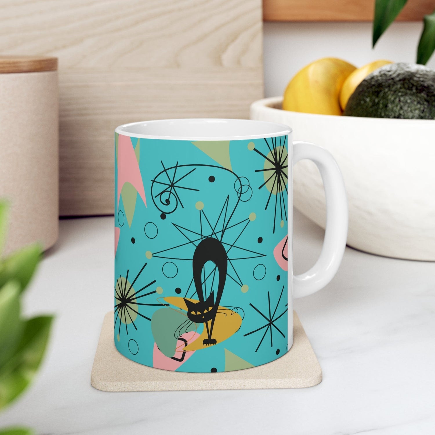 Kate McEnroe New York Groovy Retro Atomic Cat Mug - 11oz Mid Century Modern Turquoise, Pink, Lime Geometric Starburst DrinkwareMugs21831087364189615208