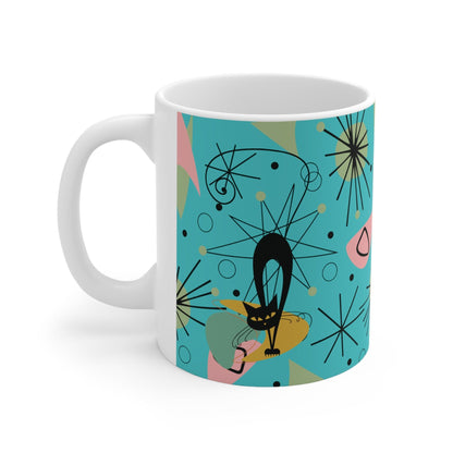 Kate McEnroe New York Groovy Retro Atomic Cat Mug - 11oz Mid Century Modern Turquoise, Pink, Lime Geometric Starburst DrinkwareMugs21831087364189615208