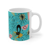 Kate McEnroe New York Groovy Retro Atomic Cat Mug - 11oz Mid Century Modern Turquoise, Pink, Lime Geometric Starburst DrinkwareMugs21831087364189615208