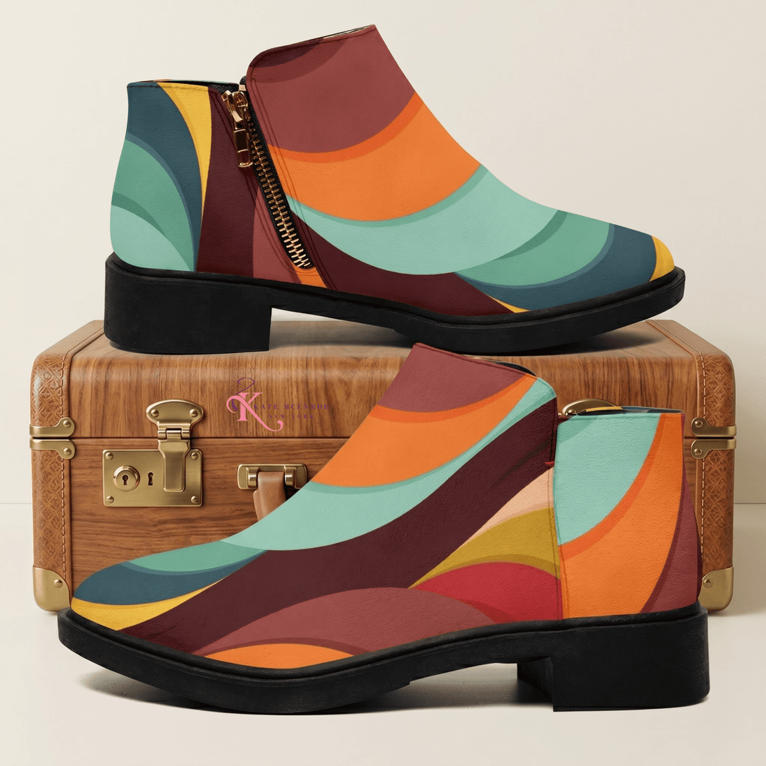 Kate McEnroe New York Groovy Retro Wave Swirl Ankle Boots, 70s MCM Women&
