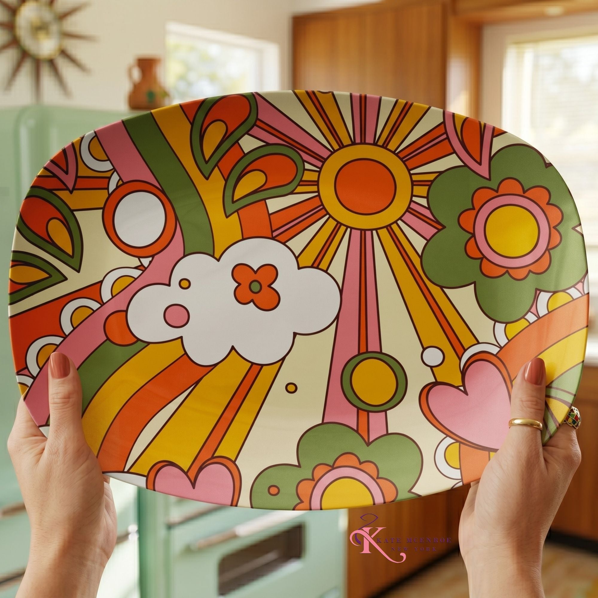Kate McEnroe New York Groovy Sunburst Serving Platter, Retro 70s Flower Power Mid Century DishServing Platters