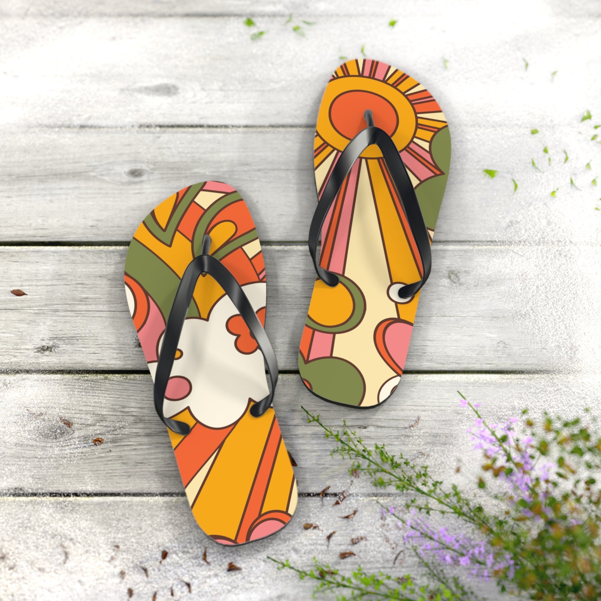 Kate McEnroe New York Groovy Sunshine 70s Flip Flops, Boho Sunburst Beach SandalsFlip Flops19683766436462927479