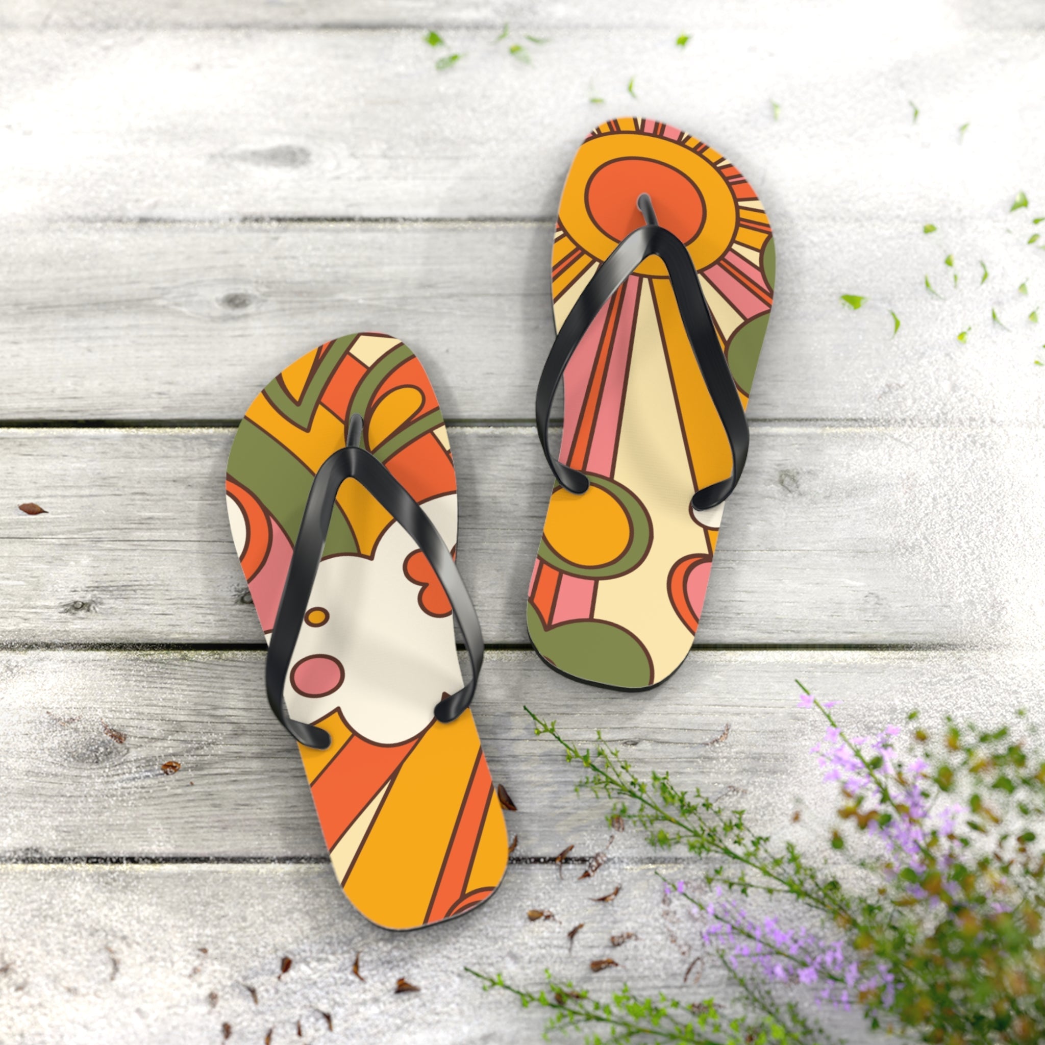Kate McEnroe New York Groovy Sunshine 70s Flip Flops, Boho Sunburst Beach SandalsFlip Flops24380119764764566400