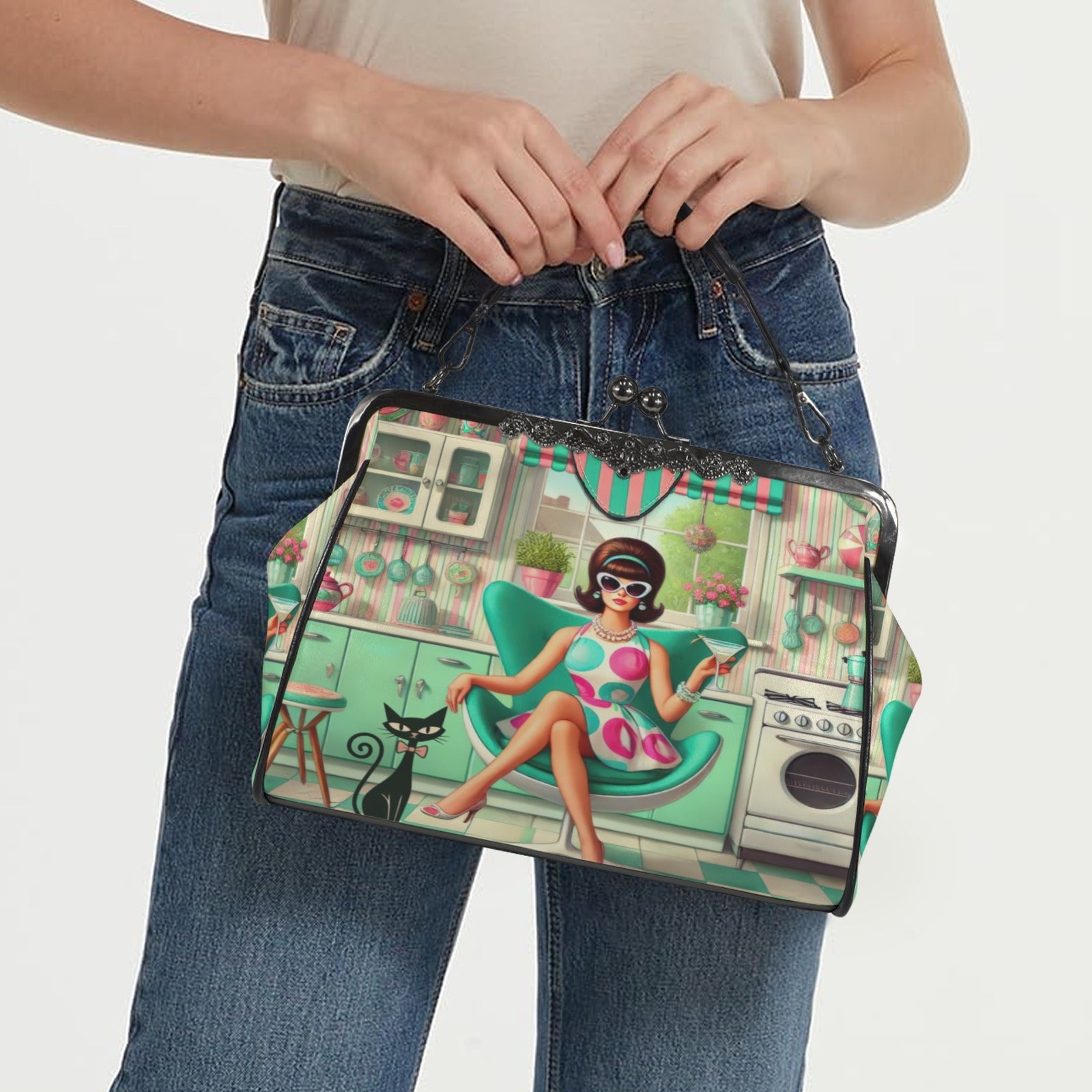 Kate McEnroe New York Groovy Vintage 60s Kitsch Kisslock Purse, Atomic Cat Mod Girl Cocktail Egg Chair HandbagCrossbody BagsD3261108