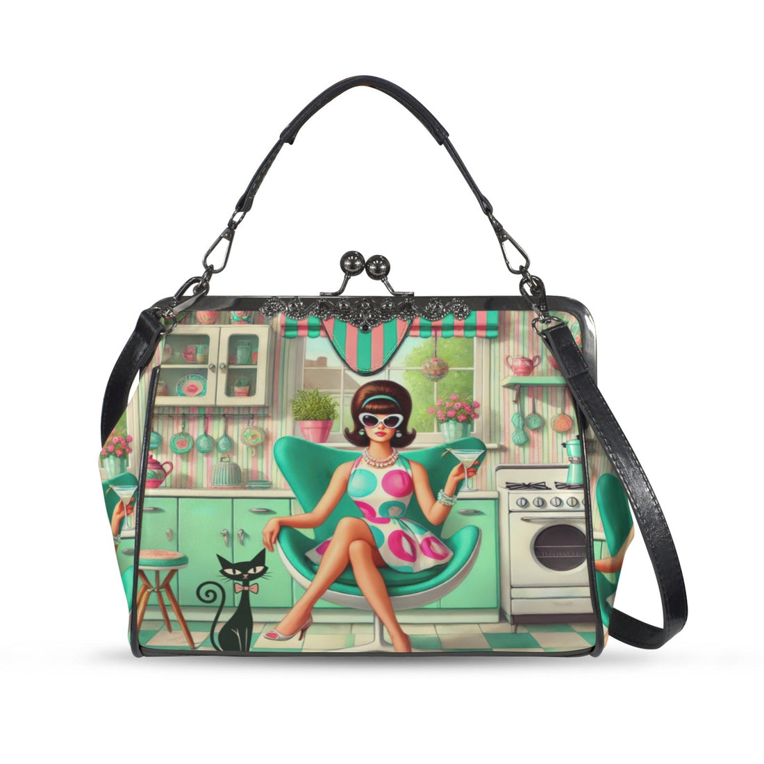 Kate McEnroe New York Groovy Vintage 60s Kitsch Kisslock Purse, Atomic Cat Mod Girl Cocktail Egg Chair HandbagCrossbody BagsD3261108